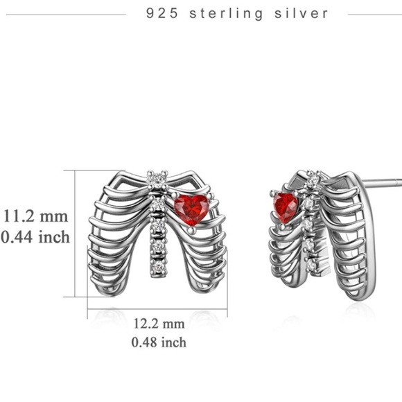 18k Diamond Ruby Skeleton Rib Beating Heart Earrings - Picture 5 of 5